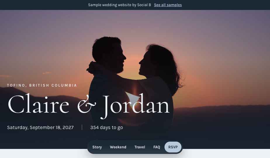 Homepage of the Claire and Jordan sample wedding website